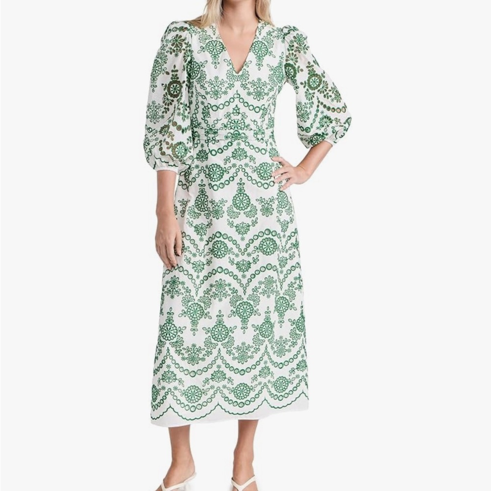 Shoshanna Women's Glenda Dress Emerald/Ivory Green Eyelet Cotton Lined Size 4